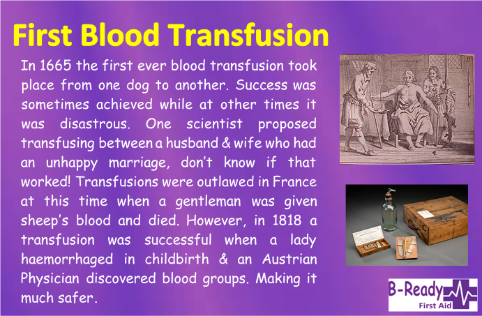 B-Ready First Aid info about the first blood transfusion, Interesting First Aid topic