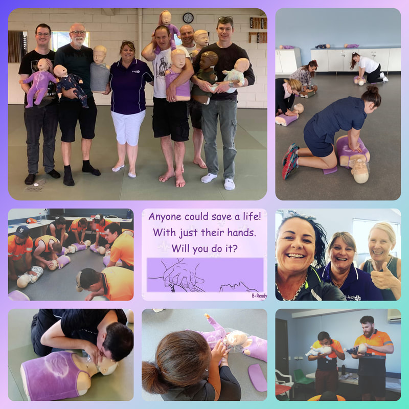 Pictures of students who have successfully trained with B-Ready First Aid with a central text of Anyone could save a life! With just their hands. Will you do it?