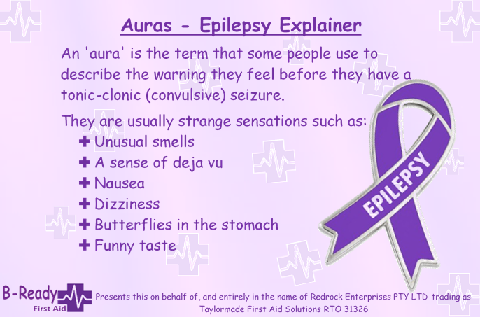 Auras- epilepsy explainer. An aura is the term that some people use to describe the warning they feel before they have a tonic-clonic (convulsive) seizure. They are usually strange sensations such as unusual smells, a sense of deja vu, nausea, dizziness, butterflies in the stomach and a funny taste.