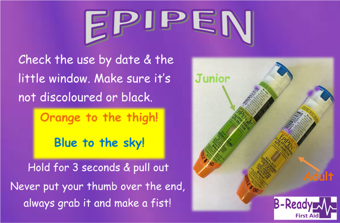 B-Ready First Aid Training about EpiPen use and management. Orange to the thigh and blue to the sky also showing a junior and adult picture of Epipens.