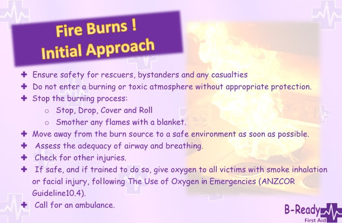 B-Ready First Aid management pic of initial approach for burns by fire as a first aider 