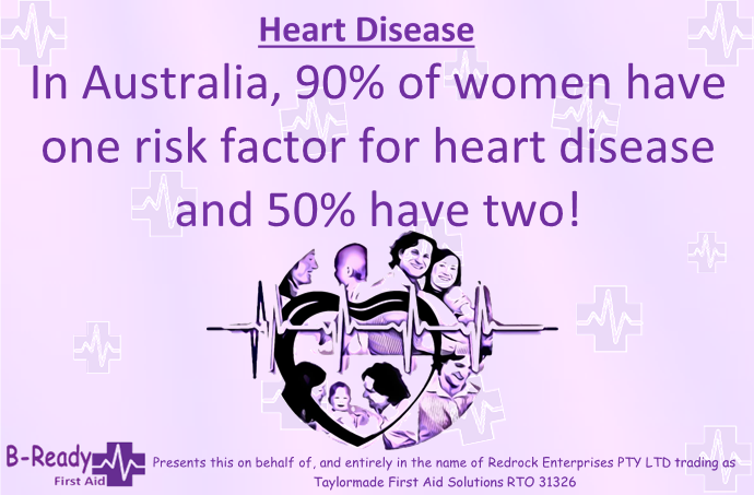 Heart disease in women,90% of women have one risk factor. Know CPR & First Aid