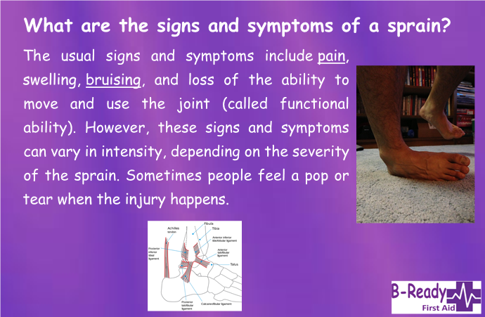 Signs & symptoms information about a sprain by B-Ready First Aid