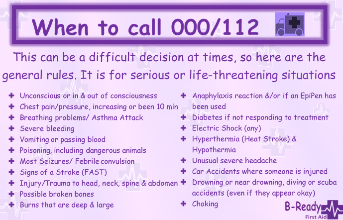 B-Ready First Aid info about when to call 000
